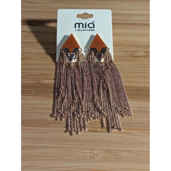 Mia Collection Jewelry - Mia Collection Earrings Dangle Brown Triangular Top With Gold Tone Chain Fringe